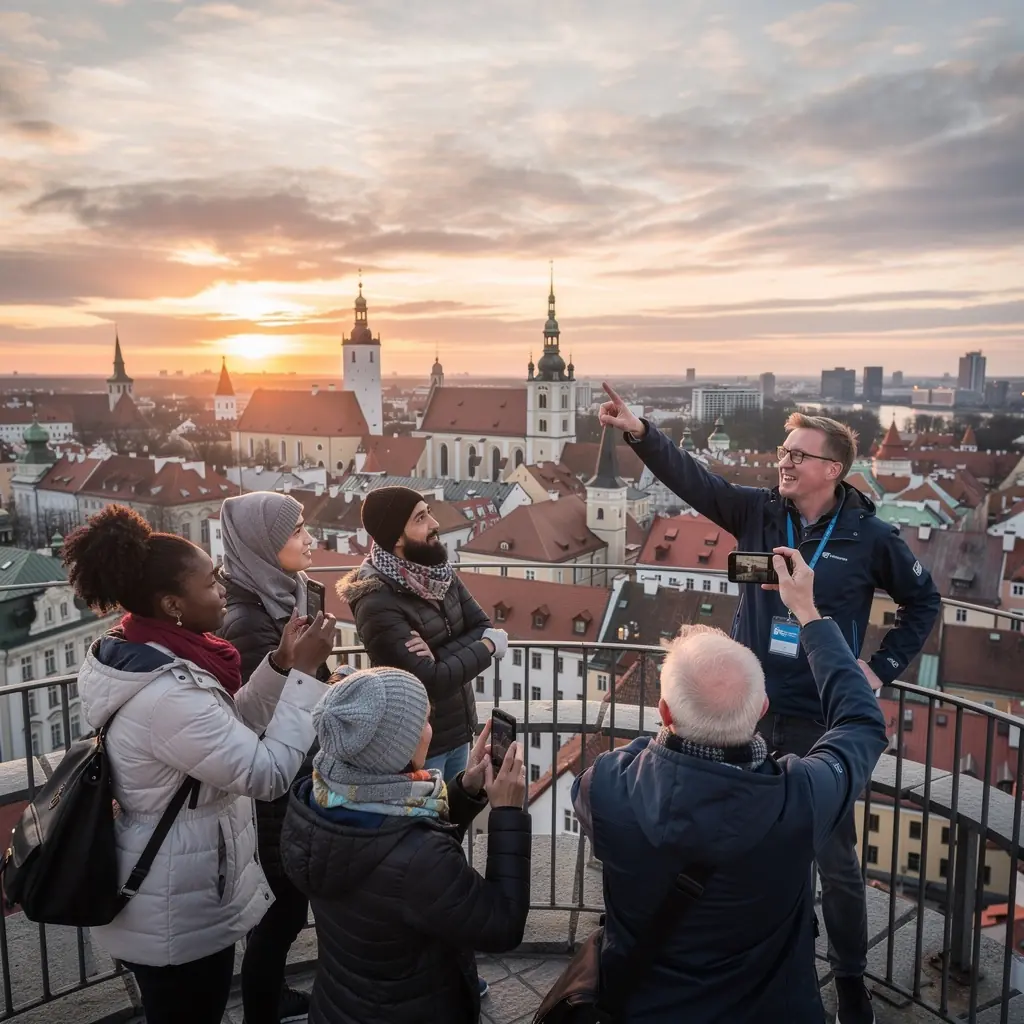 Ajalooline jalutustee Tallinnas, kus on näha kauneid vanu hooneid ja tänavakohvikuid.